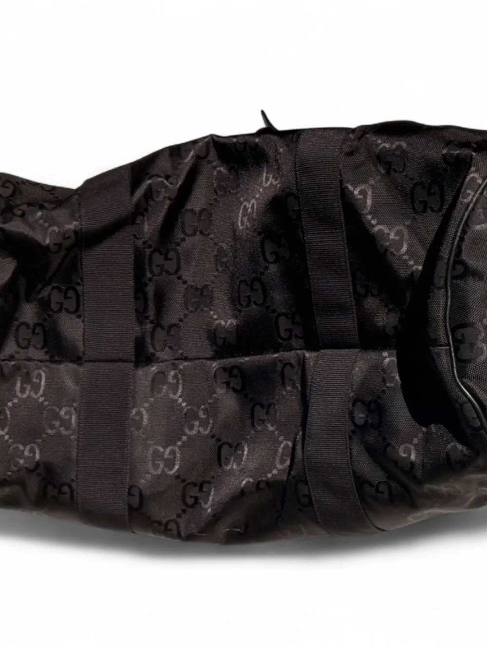 Gucci GG Canvas Duffel Bag – Black Monogram Gold Logo Travel Bag with Strap